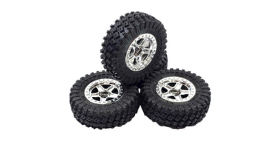Set of 4 1.3 Crawler Tire Rock Terrain Scale Mini Tires & Chrome Wheels (Un-Glued)